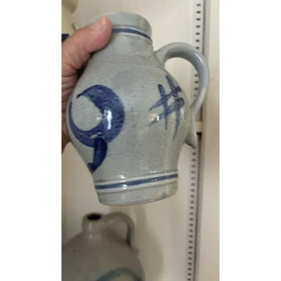Vintage Salt Glaze Pottery Pitcher Jug 6.5" Antique Blue Paint Floral Primitive - Picture 4 of 4